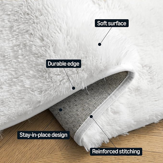 Amazon Basics Fluffy Washable Area Rug, Bedside Shaggy Carpet for Door Entryway, Living Room and Bedroom, 2' W × 3' L, Cream