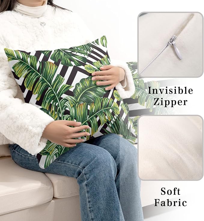 Set of 2 Tropical Green Leaves Pillow Covers Palm Tree Pillowcases Black and White with Geometric Decorative Throw Pillow Cover Kitchen Decor 22x22 Inch for Outdoors Car Couch