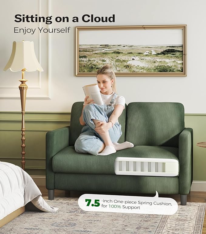 Welzona Loveseat Sofa, 51" Love Seat, Comfy Corduroy Small Loveseat for Small Spaces, Tool-Free Setup Couch for Bedroom, All-Wood Couches for Living Room, No Pillow Included, Green