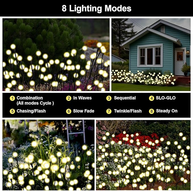 Swaying Solar Firefly Lights Outdoor, 8 Modes 800mAh Firefly Swaying Solar Garden Lights Waterproof for Outside Plant Yard Patio Pathway Christmas Garden Decor Flashing Warm White(2 Pack)
