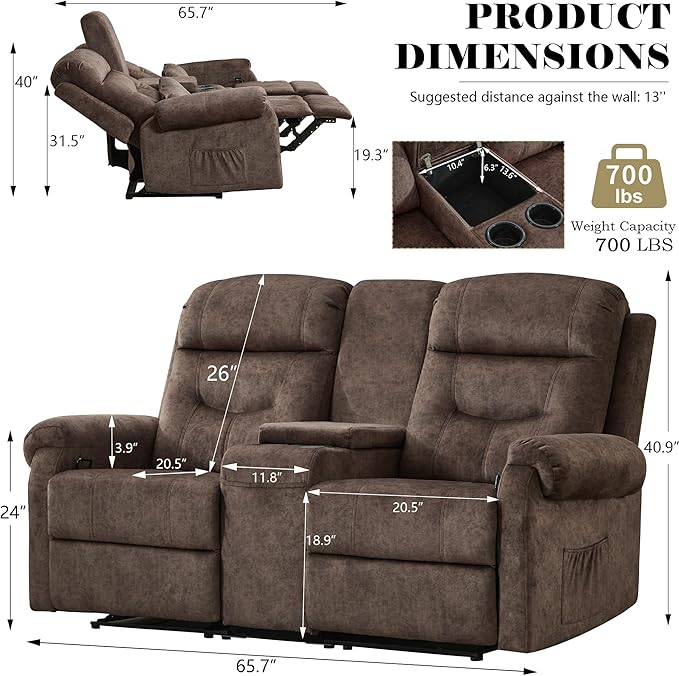 DRMBOOK RV Loveseat Recliner Sofa with Console, Velvet Fabric Double Wall Hugger Reclining Couch Manual Home Movie Seating 2 Person Recliner Chair with Cup Holders/Storage/Pocket/Lumbar Pillow, Brown