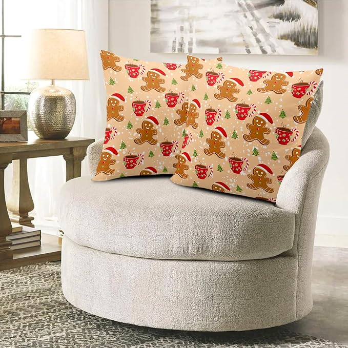 Christmas Gingerbread Man Pillow Covers 16x16 Set of 2 Xmas Tree Candy Cane Hot Cocoa Coffee Orange Decorative Throw Pillow Winter Snowflake Cushion Cases for Farmhouse Living Room Decor