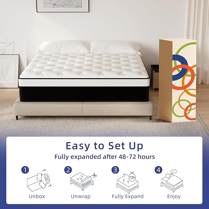 King Mattress, 12 Inch King Hybrid Mattress in a Box with Memory Foam, Medium Firm, Euro Top, Reinforced Edge Support, Pressure Relief & Motion Isolation, CertiPUR-US Certified