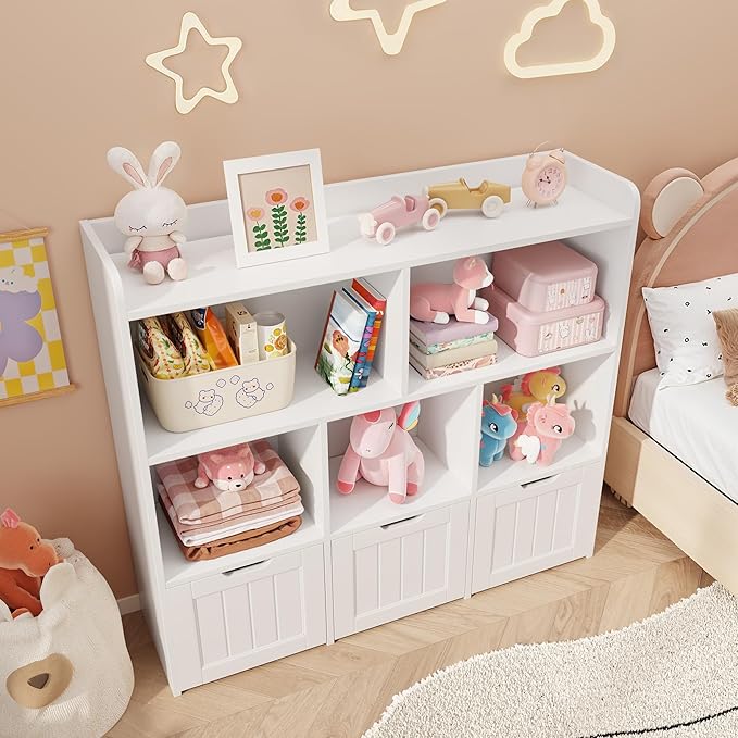 Gizoon Toy Storage Cabinet and Kids Bookcase with 3 Movable Drawers and 6 Open Shelves Featuring Fall Prevention Barrier for Playroom Nursery Kids Room Organization, White