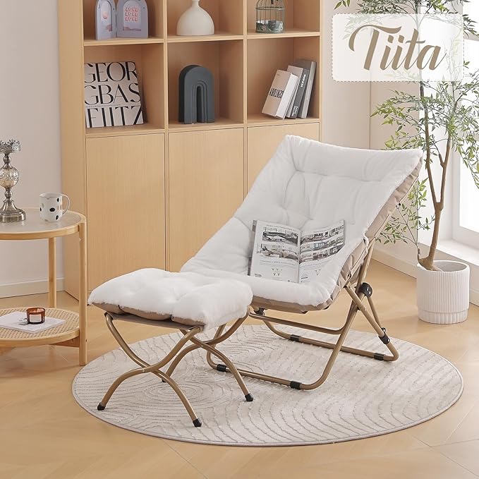 Tiita Folded Chair with Ottoman, Soft Faux Fur Oversized Folding Accent Chair,Lazy Chair, Metal Frame Moon Chair for Bedroom, Living Room, Dorm Rooms, Garden and Courtyard