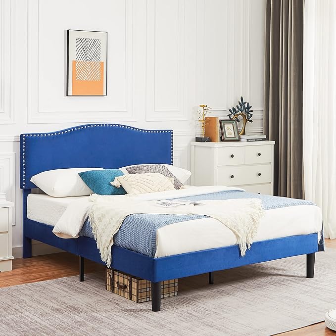 VECELO Full Bed Frame, Platform Bed Frame with Adjustable Height Upholstered Headboard, Heavy-Duty Frame and Strong Wooden Slats Support, Non-Slip and Noise-Free, Easy Assembly, Dark Blue