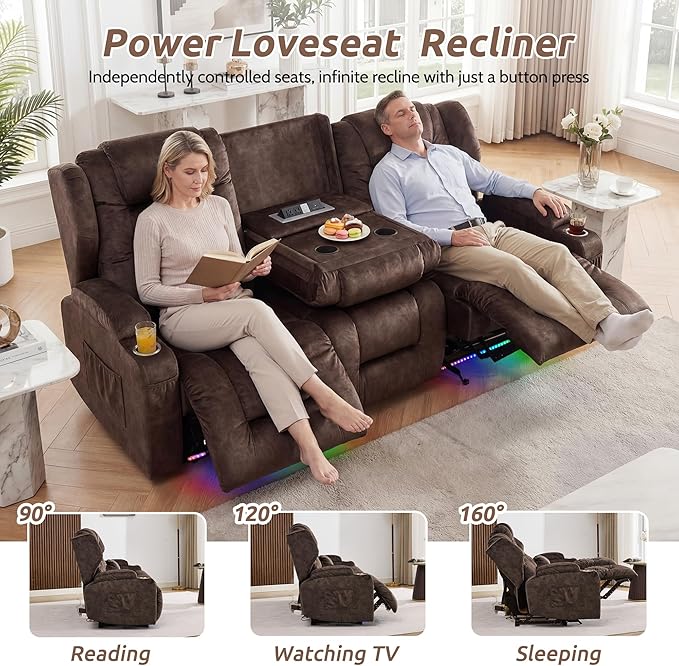 SAMERY Power Loveseat Recliner Sofa, Wall Hugger Reclining Loveseat Sofa, Movie Home Theater Seating with Flip-Backrest, Solid Wood Top, Ambient LED Lights, USB-C, Outlets, Velvet, Chestnut | Extra Wide Seat, Plush Padding, Dual Power Recline, Flip-Dow...