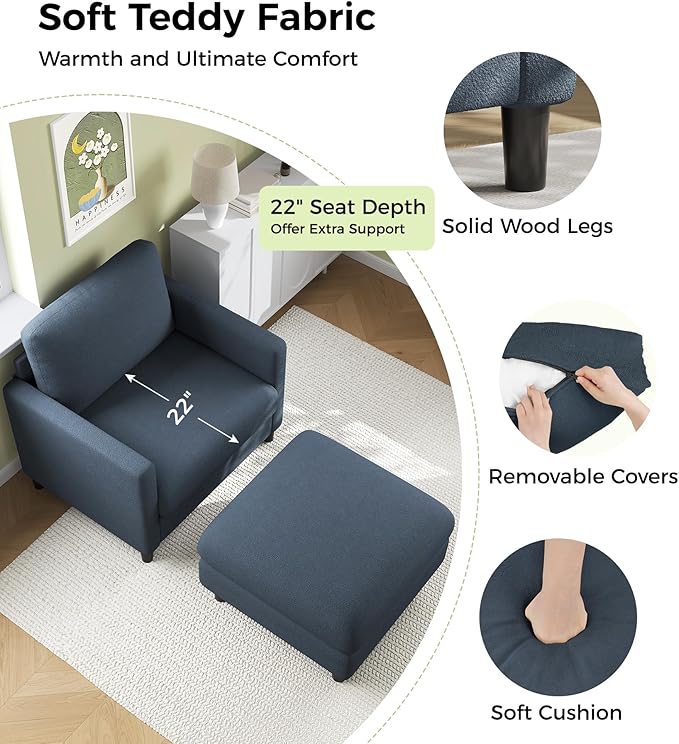 Welzona Sofa Accent Chair with Ottoman, 33" Reading Chair and Ottoman Set for Bedroom, Tool-Free Setup Living Room Accent Chairs, Comfy Arm Chairs Living Room, All-Wood Reading Nook, Blue Grey