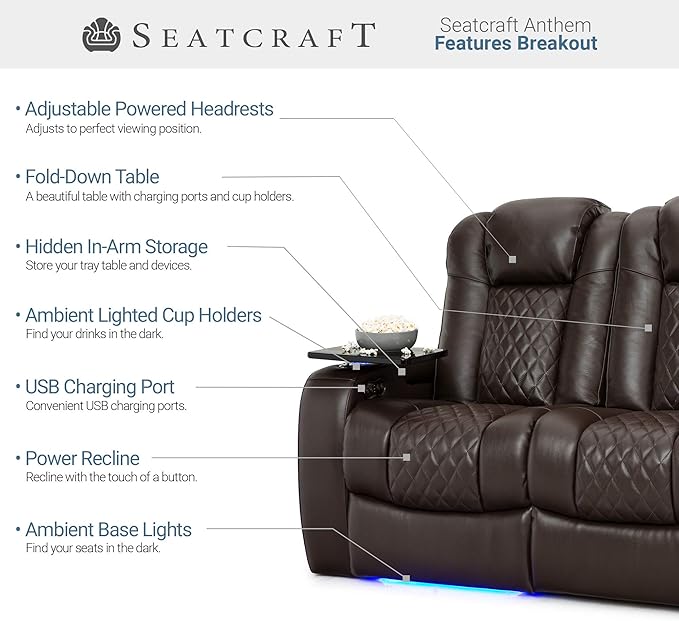 Seatcraft Anthem Home Theater Seating - Italian Leather - Power Recline Sofa - Fold-Down Table - Powered Headrests - Arm Storage - USB Charging - Cup Holders, Brown