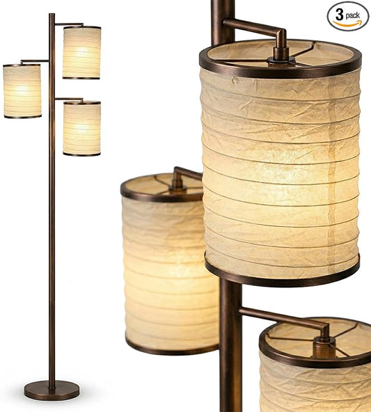 Brightech Liam Tall Tree Lamp with Asian Lantern Shade for Living Rooms and Offices - Standing Lamp with 3 LED Bulbs for Bedroom Reading - Bronze