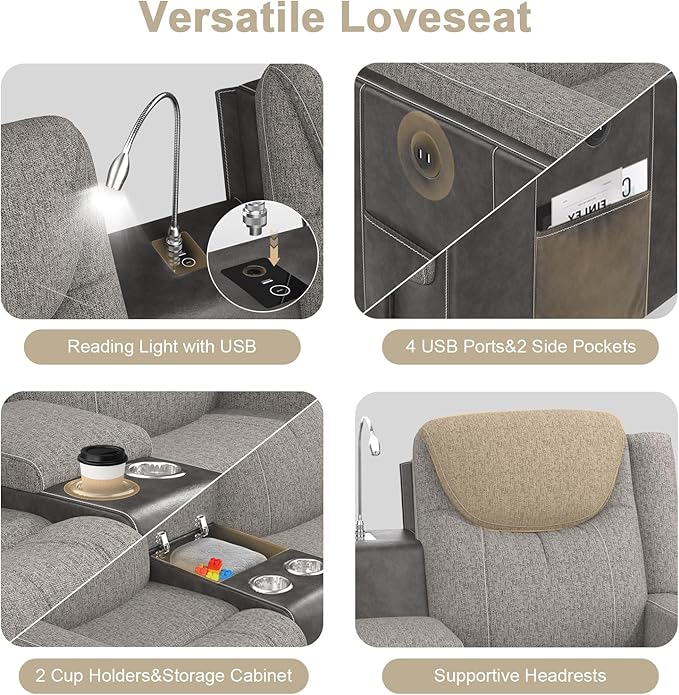 Dresegmt Loveseat Recliner Sofa, Manual Double Recliner with Storage Console, Cup Holder, USB Port & Reading Light, Grey Linen & PU Leather Manual Reclining Couch for Living Room, RV/Theater Seating