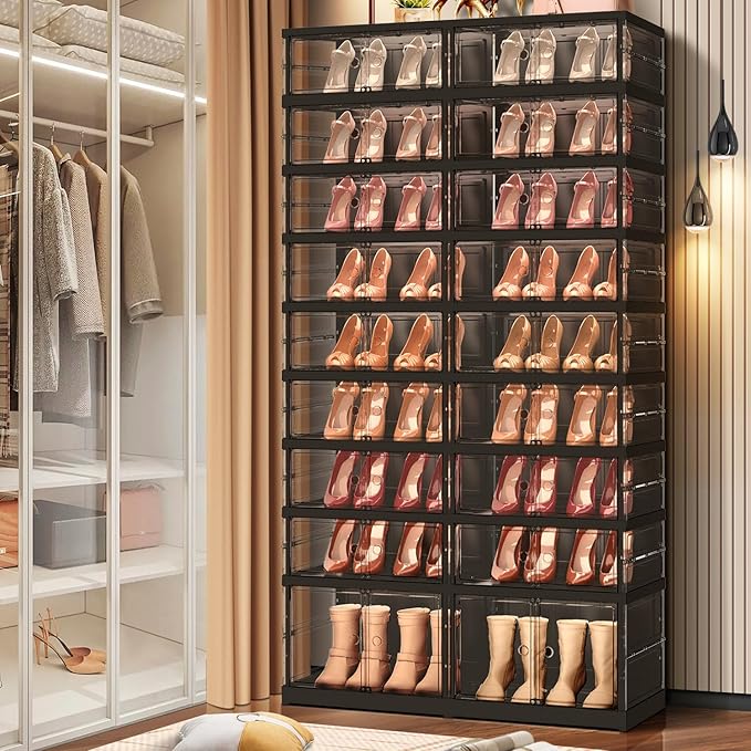 9-Tier Foldable Shoe Rack for Closet Entryway 18-36Pairs,Stackable Clear Shoe Storage Boxes Organizer with Door Plastic Shoe Cabinet Bins with Lids Shoes Shelf Easy Assembly Large Black