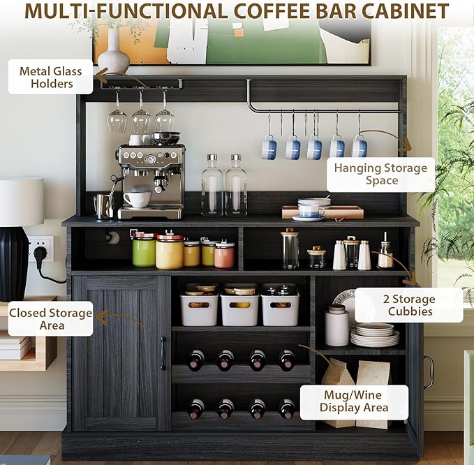 47 in Farmhouse Buffet Sideboard Cabinet with Power Outlets Coffee Bar Cabinet with Storage, Large Buffet Storage Cabinet Table with Wine Racks, Goblet Holder, Hooks for Kitchen, Dining Room, Grey