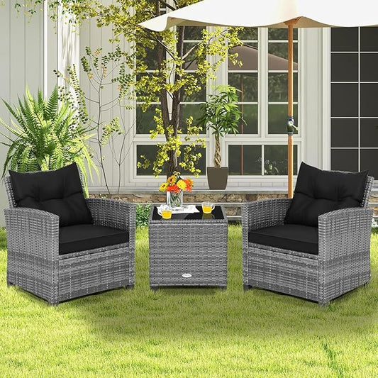 LDAILY Patio Furniture Set, 3 Pieces PE Rattan Wicker Patio Sofa Chairs with Washable Cushion & Glass Table, Outdoor Furniture Conversation Sets for Porch, Balcony, Garden, Poolside (Black)