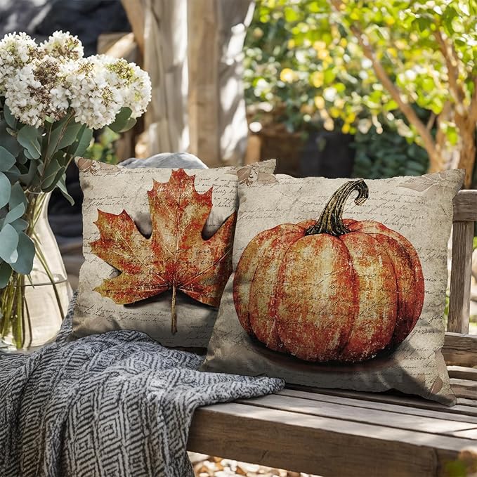 Fall Decorative Pillow Covers 20x20 Set of 2 Vintage Fall Burnt Orange Pumpkin Maple Leaf Throw Pillows Rustic Farmhouse Autumn Thanksgiving Outdoor Cushion Case for Couch Sofa