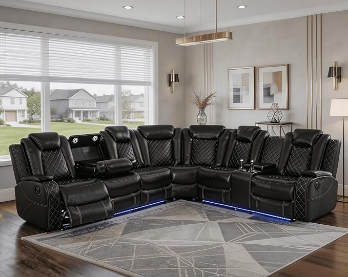 Power Recliner Sectional Sofa with LED Lighting, Breathing Leather Corner Couch with USB and Storage Console, Cup Holders, Reading Light – Home Theater & Living Room Seating (Black)