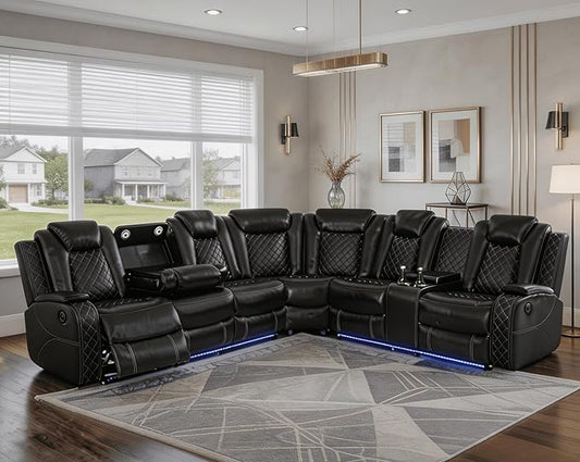 Power Recliner Sectional Sofa with LED Lighting, Breathing Leather Corner Couch with USB and Storage Console, Cup Holders, Reading Light – Home Theater & Living Room Seating (Black)