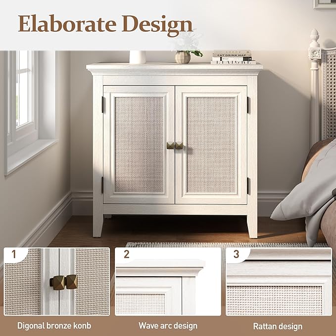 Rattan Storage Set of 2, Kitchen Sideboard Cabinet with Adjustable Storage Shelf, Accent Buffet Cabinet with Rattan Doors, Wood Cabinet Organizer for Dining Room, Living Room, White