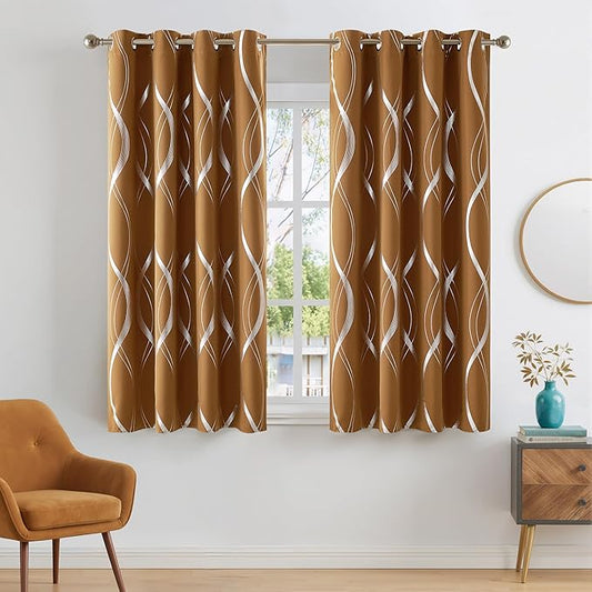 NICETOWN Blackout Gold Brown Kitchen Curtain 72 inch Long, Home Decoration Wave Line Foil Printed Design Drapes for Nursery and Baby Room, 2 Panels