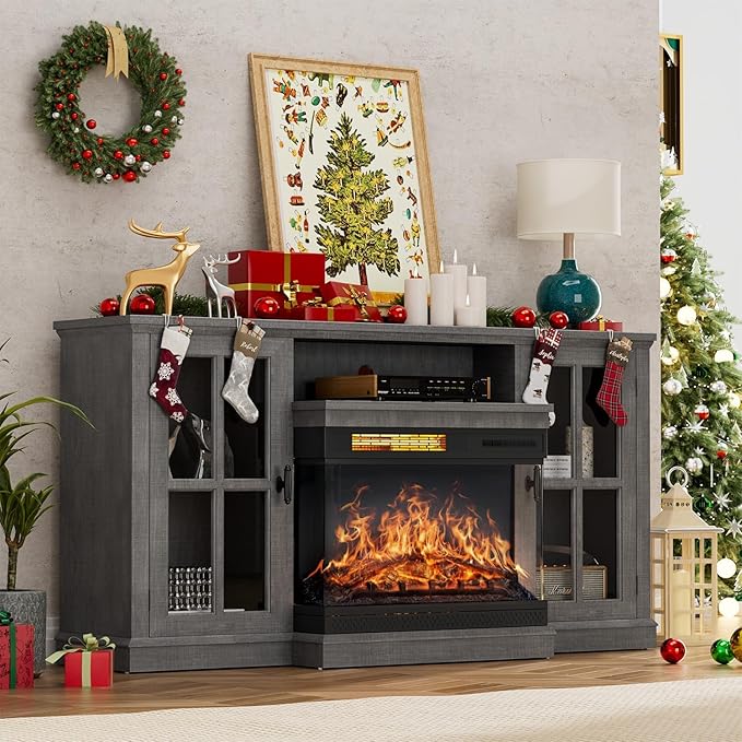 YESHOMY Glass Fireplace TV Stand for Televisions up to 65", Media Entertainment Center Console Table with Doors Closed Storage, Grey Wash