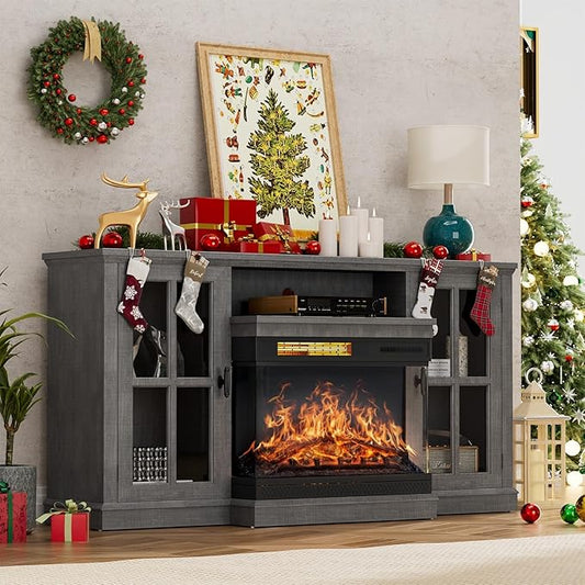 YESHOMY Glass Fireplace TV Stand for Televisions up to 65", Media Entertainment Center Console Table with Doors Closed Storage, Grey Wash