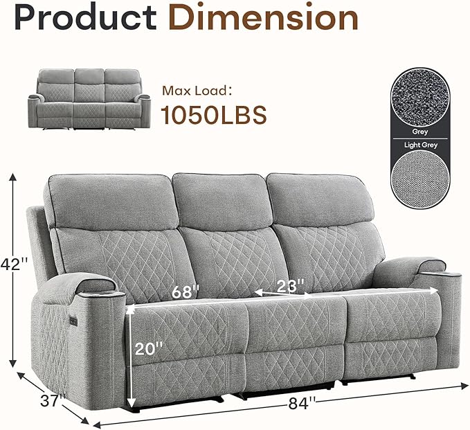 HAOMARKETS Power Oversized Reclining Sofa Couch with Cup Holders, Breathable Fabric 3-Seater Electric Recliner Couches with USB and Type-C Charging Ports for Living Room, Light Grey