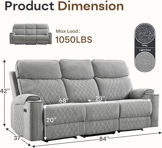 HAOMARKETS Power Oversized Reclining Sofa Couch with Cup Holders, Breathable Fabric 3-Seater Electric Recliner Couches with USB and Type-C Charging Ports for Living Room, Light Grey