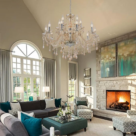 YYSHCHEN Cognac 15 Lights Large Crystal Chandeliers,Large Chandeliers for Dining Room,Living Room,Bedroom,Hallway,Entry Way 30.7"
