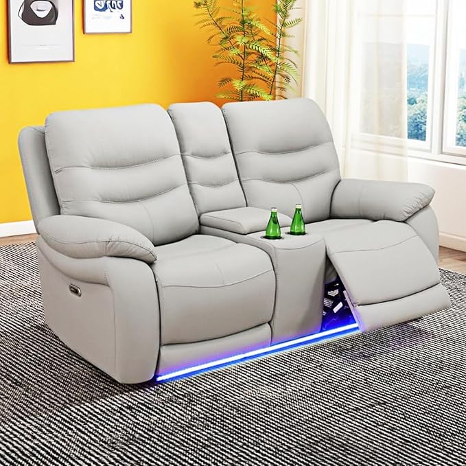 Power Reclining Sofa Set, Genuine Leather Recliner Sofa Set,Living Room Furniture Setwith USB Charging and LED Lights,for Living Room/Apartment/Office/Home Theather,Light Grey,L