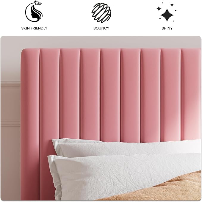 SHA CERLIN Full Upholstered Platform Bed Frame with Adjustable Headboard/Vertical Channel Tufted Velvet Fabric/Wooden Slats Support/Mattress Foundation/Box Spring Optional/Pink