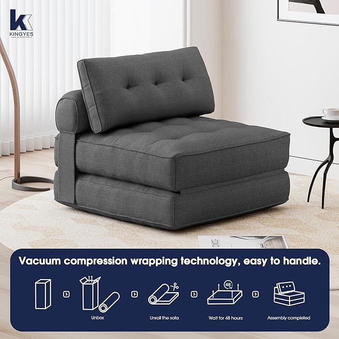 KINGYES Folding Chair Bed, 3 in 1 Convertible Sleeper Chair with Pillow, Foldable Futon Chair for Living Room, Gray