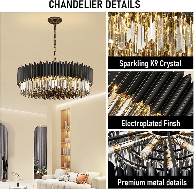 Black Crystal Chandelier 30'' K9 Smoke Gray Crystal Round Pendant Lights 12 Lights 6-Tier Large Modern Chandelier Light for Dining Room Living Room Bedroom Foyer Entryway