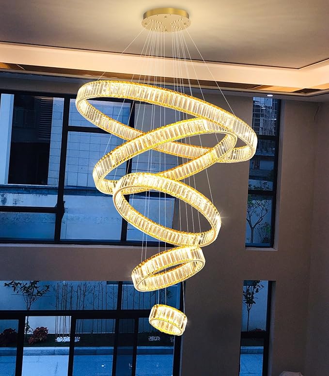 Large Ring Crystal Chandelier Modern Dimmable Chandelier High Ceiling Chandelier Round LED Ceiling Light Fixture for Foyer Long Stair Big Chandelier Gold 8''+16''+24''+32''+40''