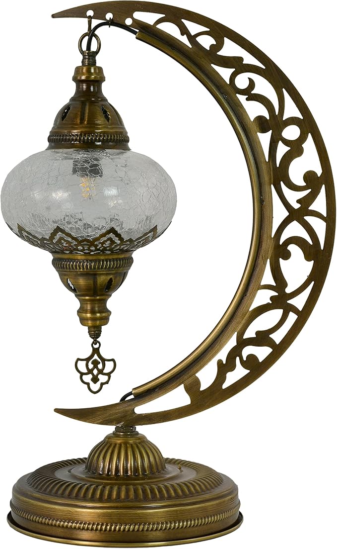 Mozaist Turkish Clear Glass Moon Shape Table Lamp, Vintage Moroccan Crescent Bohemian Desk Light, Rustic Living Room Antique Glam Home Decor Lighting, Luna Design Bedside Nightstand (Crack Clear)