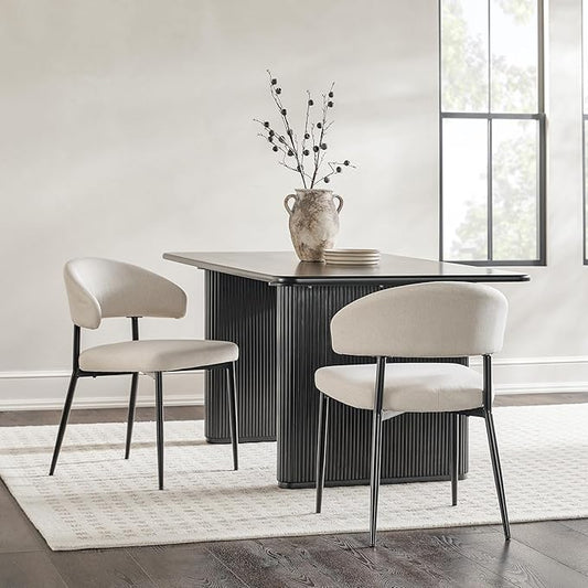 Walker Edison Modern Curved Back Upholstered Dining Chair with High-Performance Woven Upholstery and Powder Coated Steel Base, 2pk, Ivory