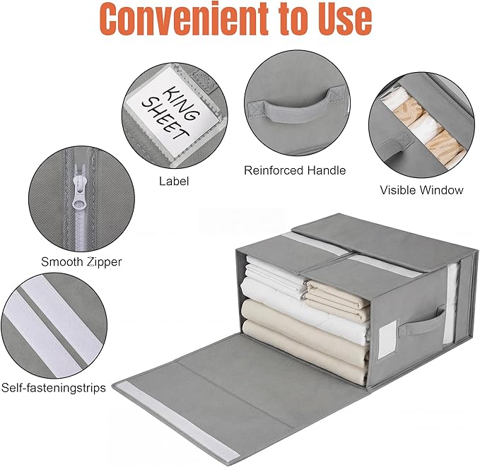 6 Pack Large Bed Sheet Organizers and Storage, (King & Queen Size) Sheet Organizer for Linen Closet, Foldable Bedding Storage Box with Window for Bedsheets, Blanket, Duvet Cover Grey