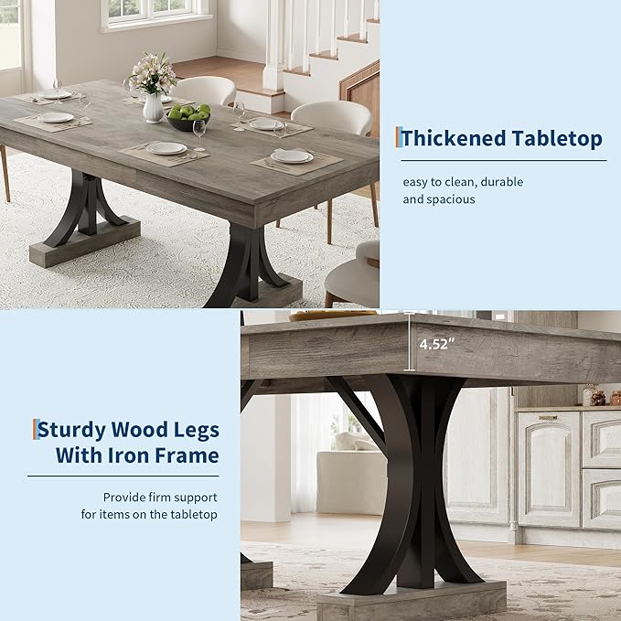 Garvee 71-Inch Wooden Dining Table with 2 Drawers, Rectangular Dining Table w/Large Tabletop & Double Pedestal, Large Kitchen Table for 6-8 with Sturdy Frame, for Dining Room, Kitchen, Rustic Gray