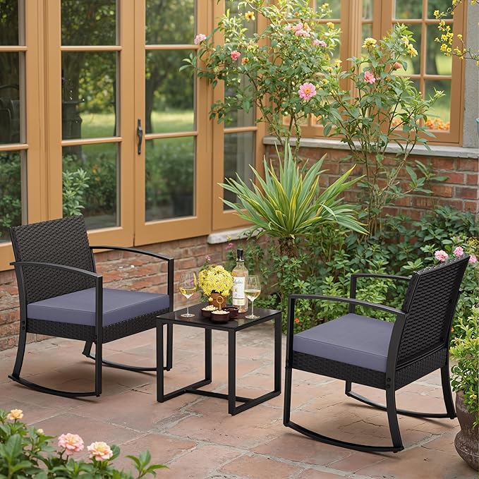 Greesum 3 Pieces Outdoor Furniture Set Patio Bistro Rocking Chairs with Glass Coffee Table for Pool Beach Backyard Balcony Porch Deck Garden, Gray