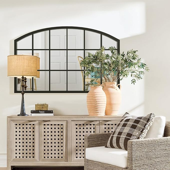 Arched Window Mirror, Matte Black Window Pane Mirror, Grid Metal Frame Arch Mirrors, Windowpane Wall Decorative Mirrors for Living Room, Entryway, 44" x 28"