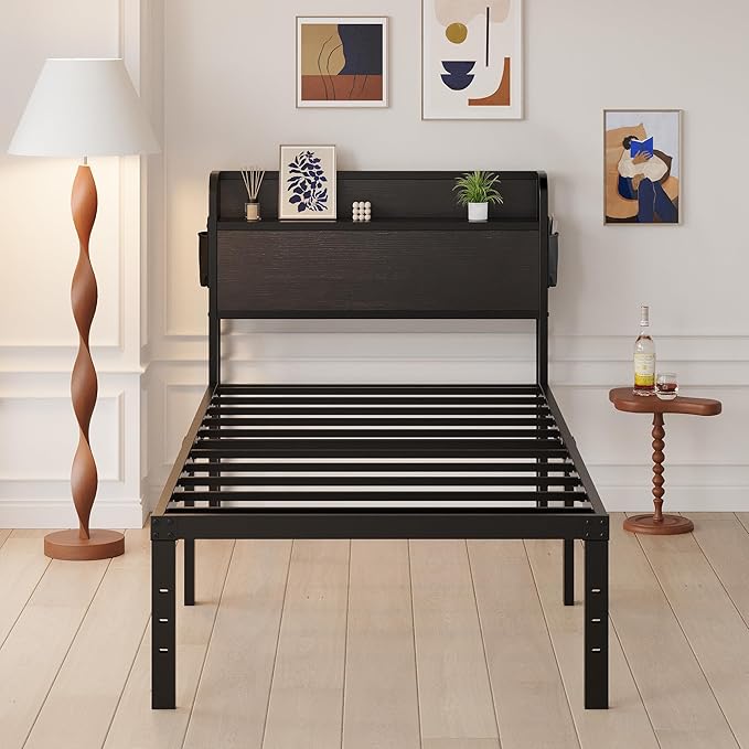 16 Inch Twin XL Bed Frames with Headboard, Metal Bed Frame Twin XL Storage Wood Headboard No Box Spring Needed, Noise Free, Black