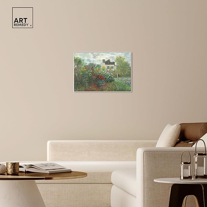 Art Remedy Monet-Garden With Dahlias Impressionism Classic Landscape Paintings Canvas Wall Art, White Floater Frame, 30"x45"