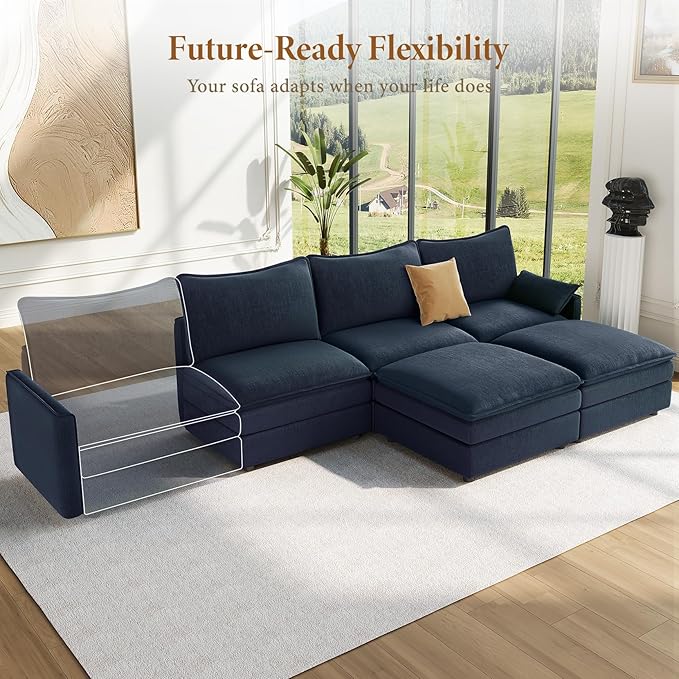 Vesgantti 108" U Shaped Sectional Couch, Deep Seat Cloud Modular Sectional Sofa with 2 Ottoman, Modern Chenille Cloud Sofa Height Adjustable for Living Room, Bedroom and Apartment, Blue | Sink-in Comfort, Height Adjustable, Easy Rearrangement, Extra-de...
