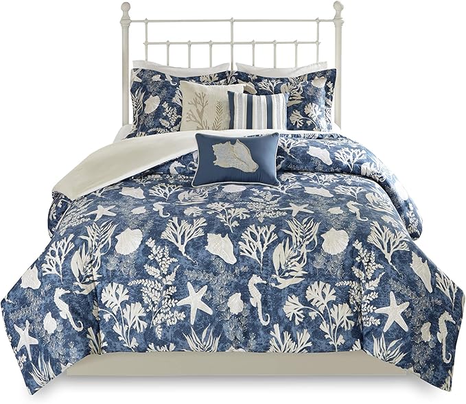Madison Park 100% Cotton Comforter Set - Coastal Coral, Starfish Design All Season Down Alternative Cozy Bedding with Matching Shams, Decorative Pillow, Queen(90"x90"), Blue, Cape Cod Navy 7pcs