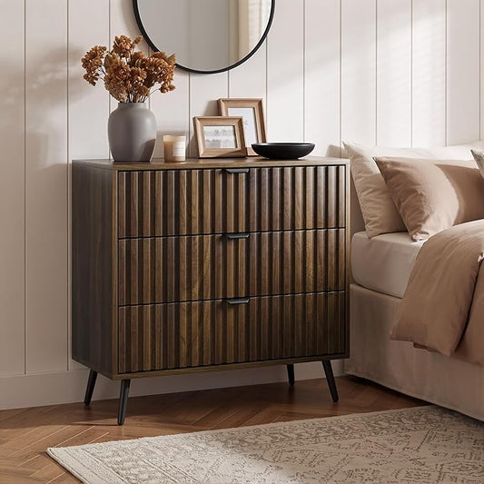 Fluted 3 Drawers Dresser, 31.5“ W Mid- Century Modern Wooden Chest of Drawers, Large Night Stand Organizer for Bedroom, Closet, Hallway, Entryway, Walnut