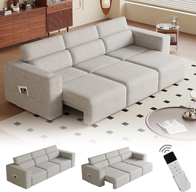 122” Electric Pull Out Sleeper Sofa Bed, 3-Seat Recliner Sofa Modular Couch with Bluetooth Stereo, Wireless Charging, Side Pocket, Power Recliner Couch for Living Room, Home Theater, Apartment(Grey)