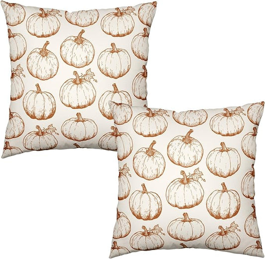 Fall Pumpkin Outdoor Pillow Covers 16x16 Set of 2 Autumn Thanksgiving Harvest Throw Pillows Case Burnt Orange White Farmhouse Fall Holiday Cushion Covers for Sofa Couch Bed Decor