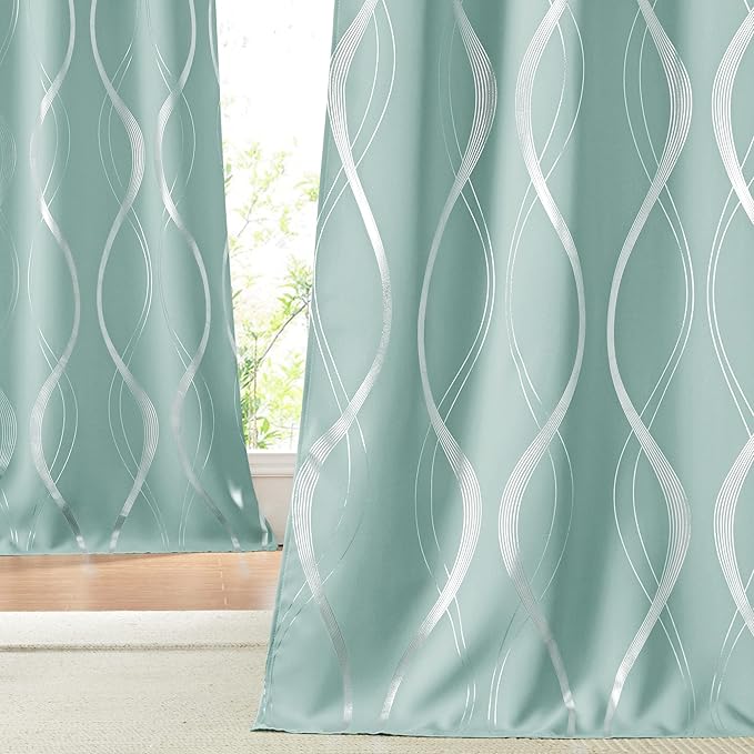 NICETOWN Aqua Blue Foil Print Curtains 90 inch Long for Patio, Wave Silver Line Pattern Drapes Contemporary Style for Elegant Home Decoration, W52 x L90 inch, 2 Panels