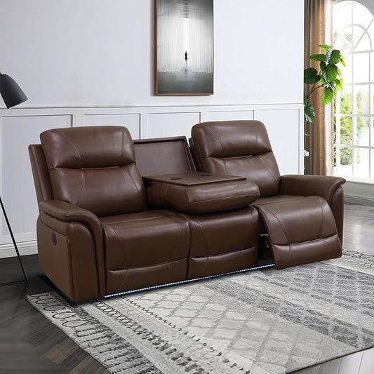 Power Recliner Sofa for Living Room, Air Leather Reclining Sofa 3 Seat with Flip-Down Middle Backrest, LED Lighting, USB Charging Port (Brown)