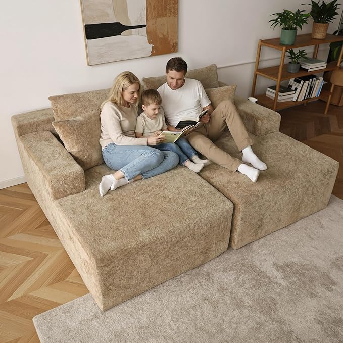 Sytopia Loveseat Chaise Lounge with Armrests, Oversized Sofa Bed with 4 Pillows, Cozy Boneless Sleeper, Modular Sectional Couch for Living Room Bedroom, Floor Chair Furniture sala Chenille