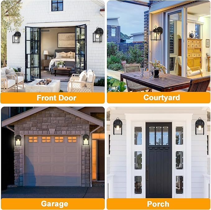 Dusk to Dawn Outdoor Wall Lantern, Exterior Waterproof Sconces Lighting Wall Mount, Front Porch Light, Anti-Rust Metal Outside Light Fixtures with Clear Glass, Matte Black, 4-Pack